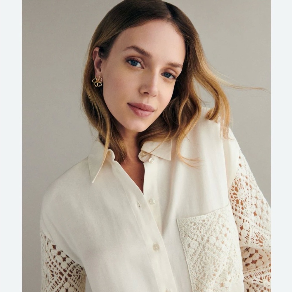 Reserved Cream Boho chic blouse with crochet sleeves and pocket- large